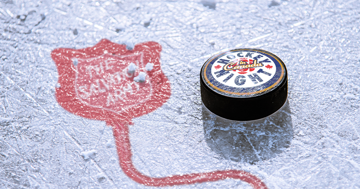 rink ice with Salvation Army shield and puck labelled Hockey Night in Canada