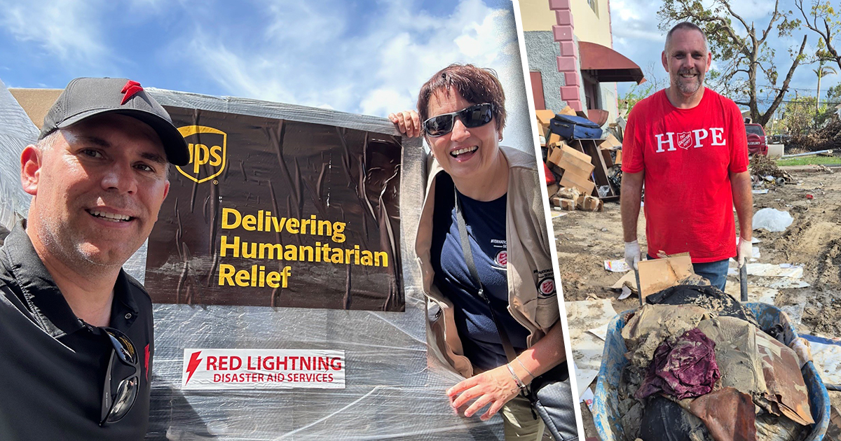 A man and woman with relief packages, a man clears rubble